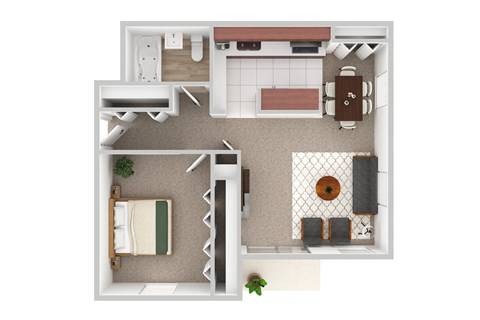 One Bedroom One Bathroom Staged Floor Plan.